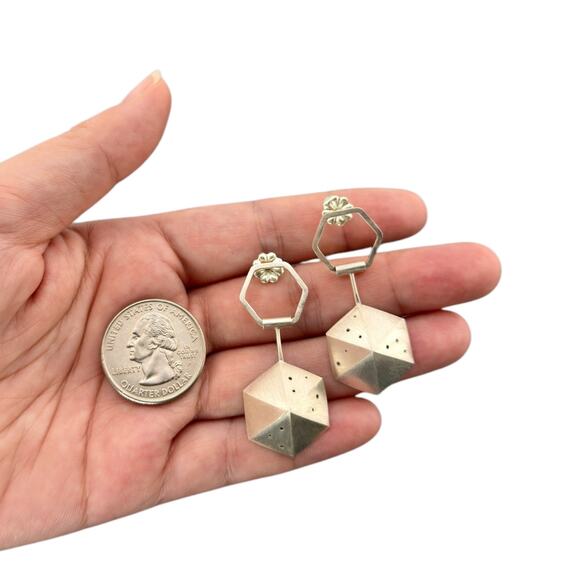 NEW Sterling Silver 3D Pentagon Pierced Earrings - Picture 3 of 4